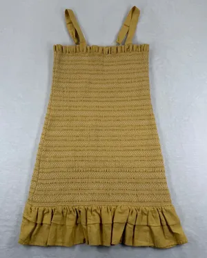 American Eagle Yellow Smocked‎ Cotton Linen Ruffle Mini Dress Small 6477652458 thumbnail 1