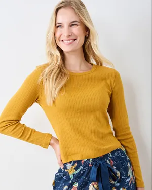 Printfresh Pointelle Long Sleeve Scalloped Collar Pajama Top Goldenrod thumbnail 1