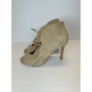Badgley Mischka Peep Toe Booties Women 8 Taupe Suede Lace Up Stiletto Heel thumbnail 3