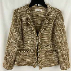 CAbi Tan Metallic Phoebe Tweed Boucle Frayed Edge Blazer Jacket Size Medium thumbnail 5