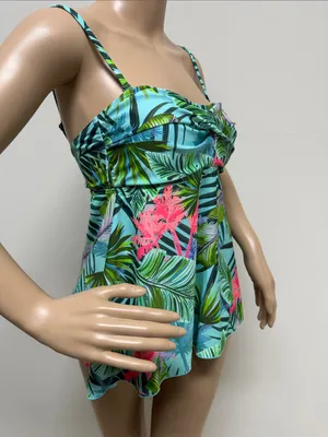 Tropical Palms Aqua Green Bright Pink Bandeau Tankini Top size 8 thumbnail 4