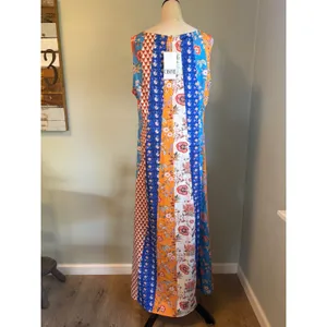 Patchwork Floral Print Maxi Dress coverup Sleeveless Blue Orange boho whimsigoth thumbnail 3
