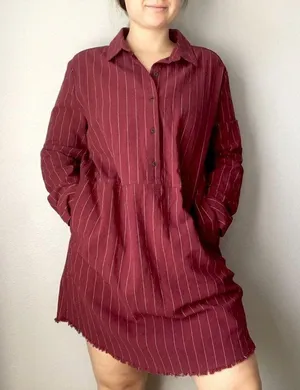 Umgee • Red Striped Long Sleeve Shirt Dress with Pockets Fringe Hem Medium thumbnail 3