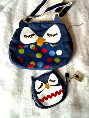 Handmade Owl Bag Design Susie the Owl Navy Polka Dots Applique Canvas Tote.2pc. thumbnail 1