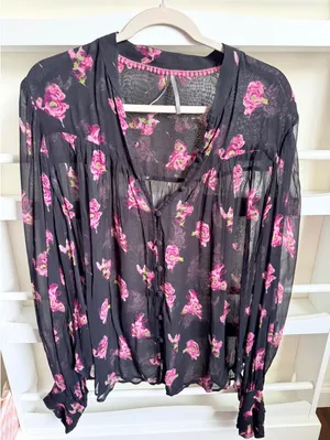 Anthropologie Pink Floral Sheer Button Front Blouse Black Viscose XL Pom Pom thumbnail 1