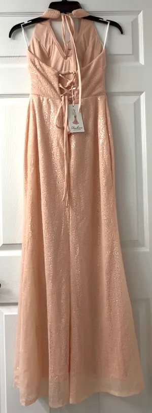 Class & Fashion Elegant Blush Sequin Dress. Side Slit Corset Back S/M thumbnail 5