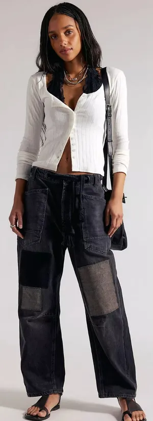 FREE PEOPLE Moxie Pull-On Barrel Jeans in Night Hawk Black Size 30 thumbnail 1