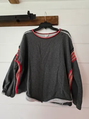 NATURAL LIFE Grey Top with Red and Navy Crochet Trim S/M thumbnail 2