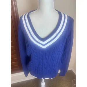 Lands End Womens Navy Blue Cable Knit Varsity Cotton Sweater Tennis Large 12-14 thumbnail 2