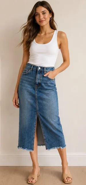 Zara‎ Denim Midi Skirt Womens XS Blue Grunge Frayed Hem Front Slit High Waist thumbnail 1