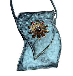 Vintage Blue Paisley Wave Shape Evening Bag Filigree Rhinestone Flower Crossbody thumbnail 1