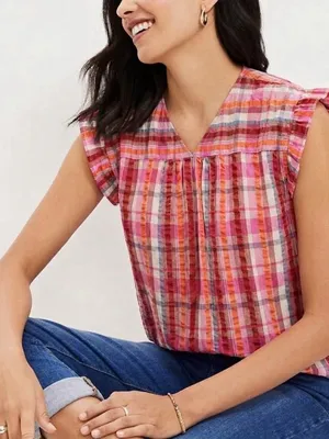 NEW LOFT Outlet Orange Pink Plaid V-Neck Flutter Ruffle Sleeve Blouse Top LARGE thumbnail 1