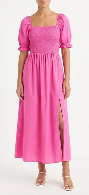 Rose Red Cotton Smocked Maxi Dress Puff Sleeve Square Neck M4K028 Size L thumbnail 1