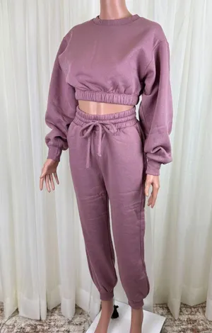 Zenana 2 Pcs Crop Sweatshirt Tracksuit Jogger Pants Set Outfit Active Loungewear Dusty Rose Pink Size XS thumbnail 3