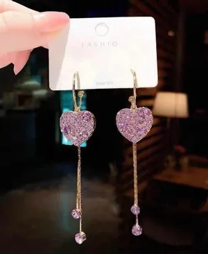 Purple Crystal Love Heart Long Tassel Dangle Drop Earrings for Women thumbnail 3
