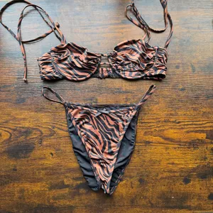 Pacsun set: Delilah Zebra Buttercup High Cut Bikini Bottom + ruched swim top set thumbnail 2