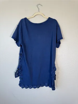 Free People Blue Crochet Short Sleeve Tunic Blouse Womens L Casual Boho thumbnail 5