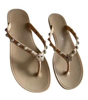 Juicy Couture Rhea Flip Flops Rubber Beige Pearl Straps Rhinestone Crown 39‎ thumbnail 1
