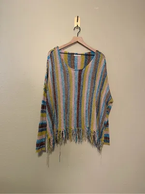 Natural Life Santa Fe Pullover Sage Stripe Boho Sweater Top with Fringe Bottom thumbnail 2