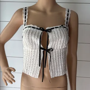Floerns Lace Trim Tie Front Camisole Textured Sleeveless Crop Cami Top Sz S thumbnail 2
