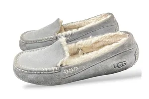 UGG Ansley Light Grey Suede Sheepskin Lined Moccasin Slippers Womens 10 thumbnail 1