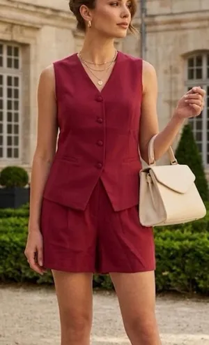 2 pieces short sets women crew neck button vest shorts burgundy M thumbnail 1