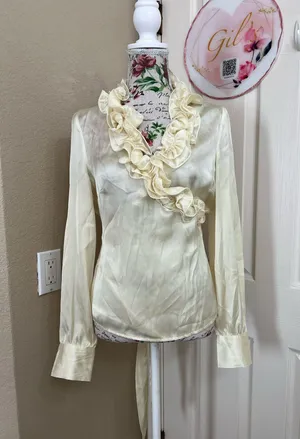 3sixteen silk Cream vintage Ruffle Wrap-Style Blouse size L thumbnail 1