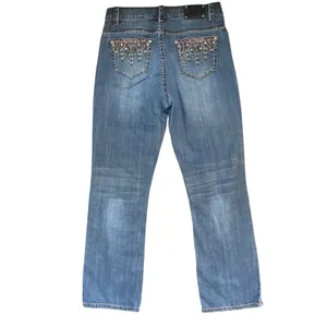 Women's Y2K Rhinestone Embellished Pocket Denim Blue Jeans Boot Cut Stretch Size thumbnail 6