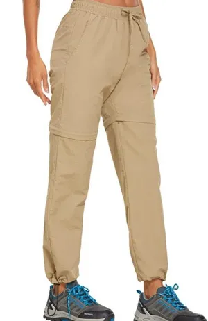 WOMENS Long CONVERTIBLE In Short HIKING PANTS Beige Large Pocket Elastic Tie thumbnail 1