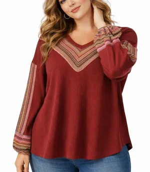 Casual Express Chevron Crochet Waffle Knit Top Burgundy Red Boho Size XL thumbnail 1