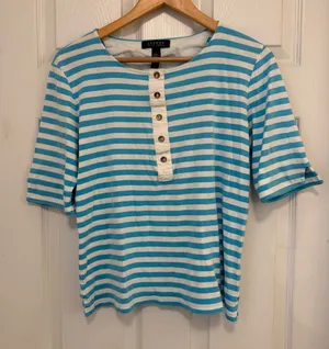 Like New Vintage Lauren Ralph Lauren Blue Striped Elbow-Sleeve Henley Top thumbnail 1