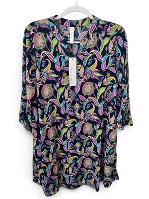 Dear Scarlett Floral Navy Paisley Midi Dress with pink, green, & blue accents thumbnail 2