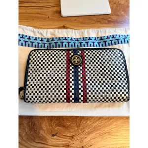 Tory Burch Woven Leather Checkerboard Zip Continental Wallet Navy White OS thumbnail 2