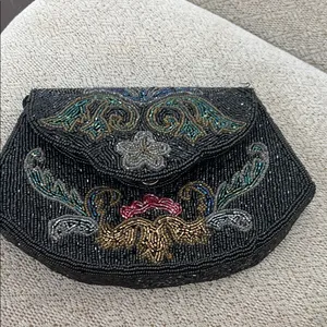 Vintage Beaded handbag Macau Elegant Black Beaded Clutch shoulder strap thumbnail 1
