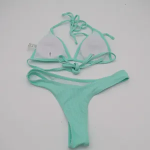 2 Piece Triangle Bikini Set Women S Aqua Ribbed Stretch Spaghetti Strap Swimwear thumbnail 4