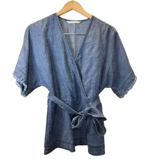Trina Turk Wrap Top Womens Small Blue Chambray Fringed Belted Tunic thumbnail 1