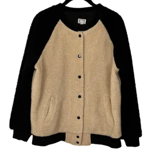 Movint Colorblock Raglan Sleeve Fleece Bomber Jacket L Black Tan Teddy thumbnail 3