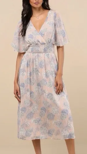 Lulus Subtle Romance‎ Beige Blue Floral Ruffle Flutter Sleeve Midi Dress Size XL thumbnail 1