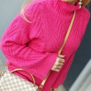Free People Mock Neck Bell Sleeve Sweater Hot Pink XL thumbnail 2