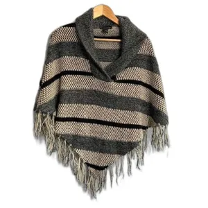 Western Boho Southwestern Fringe Poncho Sweater One Size Tan Gray Aztec Festival thumbnail 3