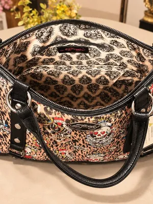 Ed Hardy Leopard Tattoo Skull Rhinestone Satchel Crossbody NWT thumbnail 4