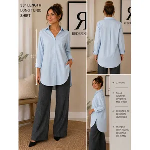 Crown & Ivy Womens Blue Cotton Tunic Shirt Long Sleeve Button Down Size M 33in thumbnail 2