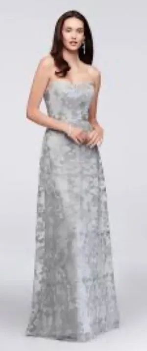 Embroidered Oleg Cassini Long Strapless Silver Dress thumbnail 1