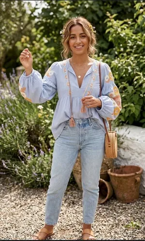 ZARA Woman Boho Embroidered Gingham Blouse - light Blue & White thumbnail 1