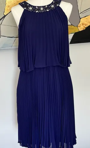 S.L. Fashions Navy Embellished Halter Pleated Midi Dress thumbnail 1