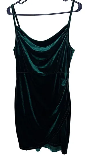 NWT Cider Women Emerald Green Velvet Cowl Neck Ruched Mini Dress M thumbnail 1