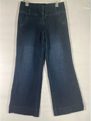 ELLE Dark‎ Wash Women Jeans Trousers Wide Flare Leg Cropped Low Rise Size 4 thumbnail 1