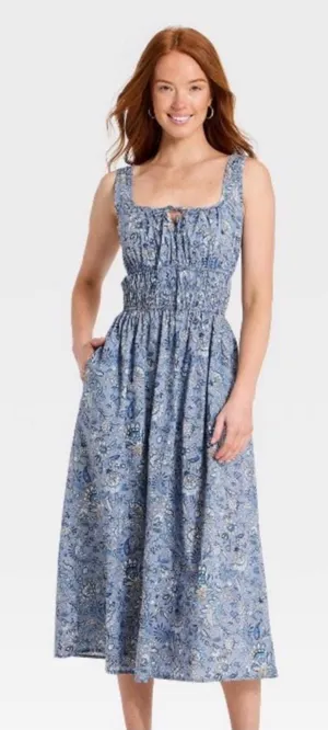 Women's Cotton Midi Pullover Sundress - Universal Thread Blue Floral Medium NWT thumbnail 1