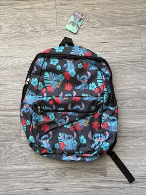 Disney Black Backpack with Blue Stitch and Red Floral Accents thumbnail 1
