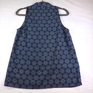 Ava Christine‎ Blue & White Geometric Sleeveless Blouse Split Neck Top Navy M thumbnail 5